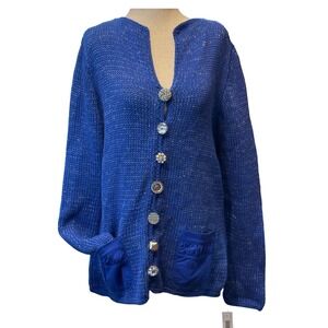 Pure Handknit Blue Cotton Metallic Cardigan Novelty Buttons L/XL